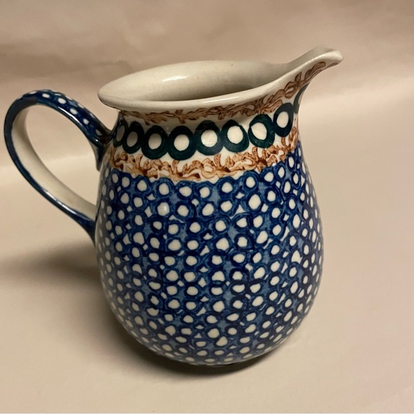 Boleslaweic Handmade Polish Pottery 4.5” Blue Pitcher, Stamped Castle B - Picture 1 of 3